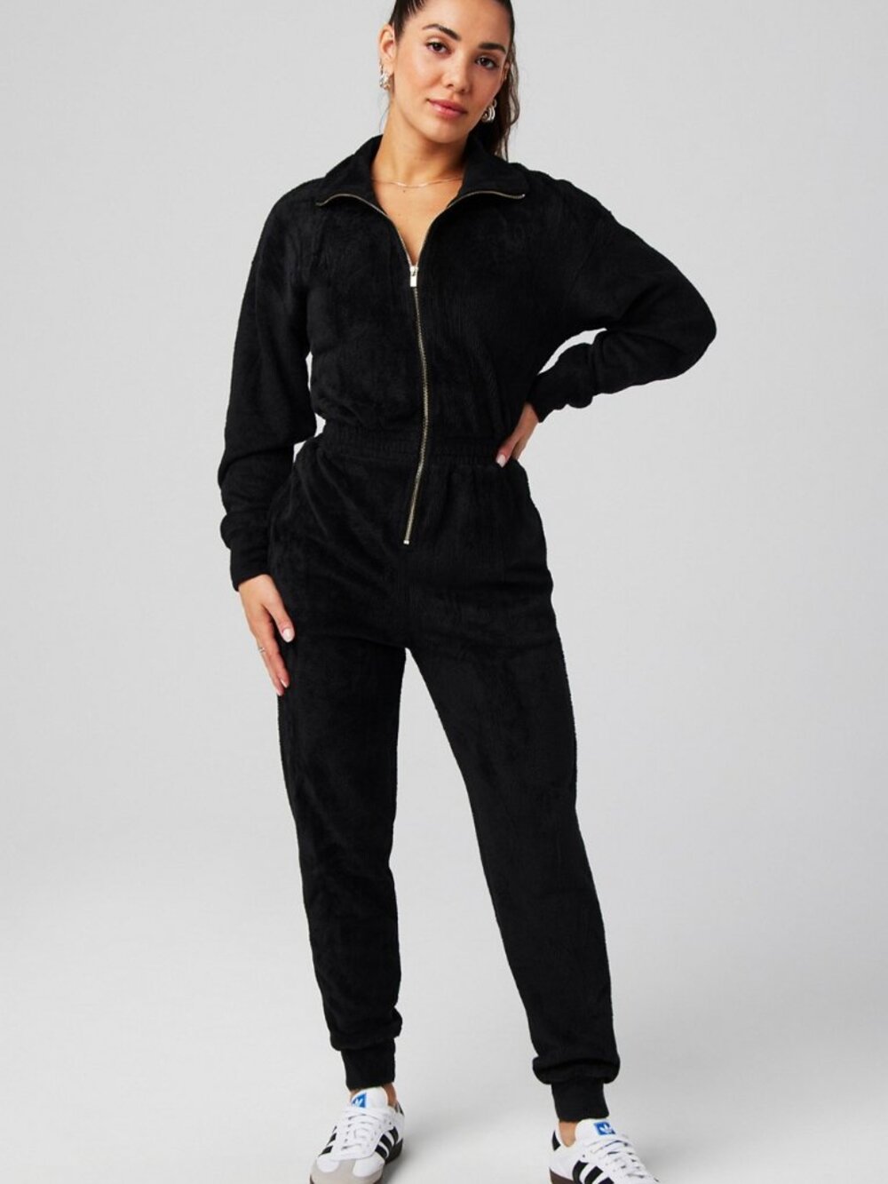 FABLETICS Women's Size XL Black Cozy Cord One Piece Jumpsuit with Zipper